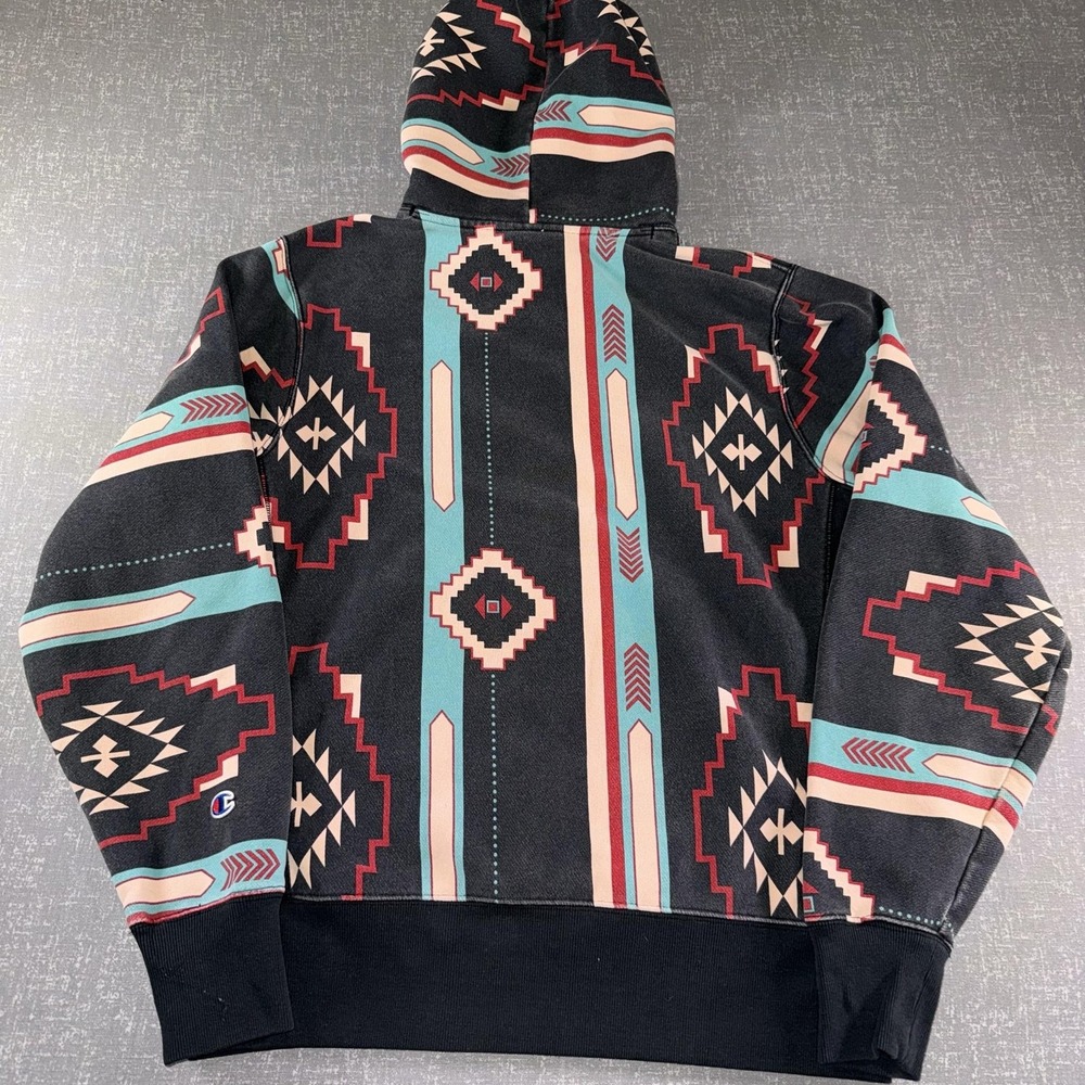 Champion Reverse Weave Hoodie Mens Medium Black Aztec Geometric Fleece Pullover - Picture 8 of 10